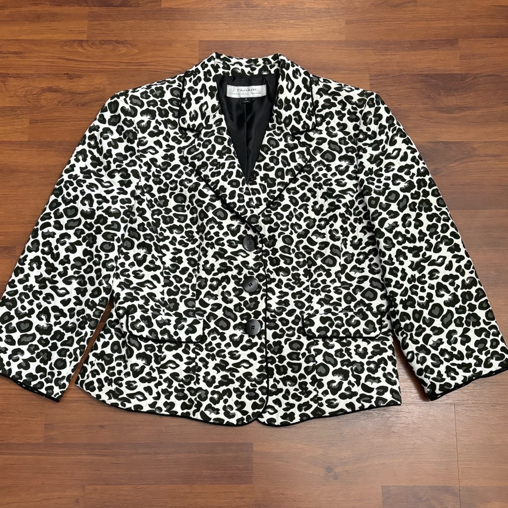 Tahari Leopard Print 3/4 Sleeve Blazer Jacket Lined Size 16
